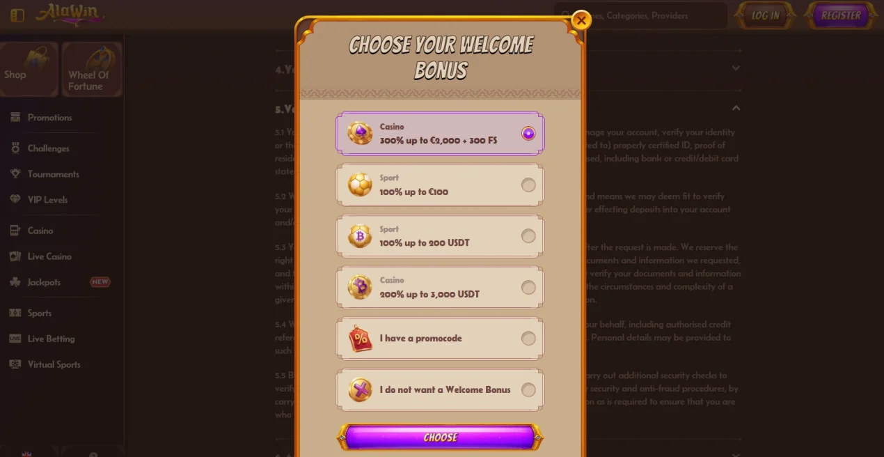 Current Alawin registration entry showing welcome offer, promo code and no-bonus choices