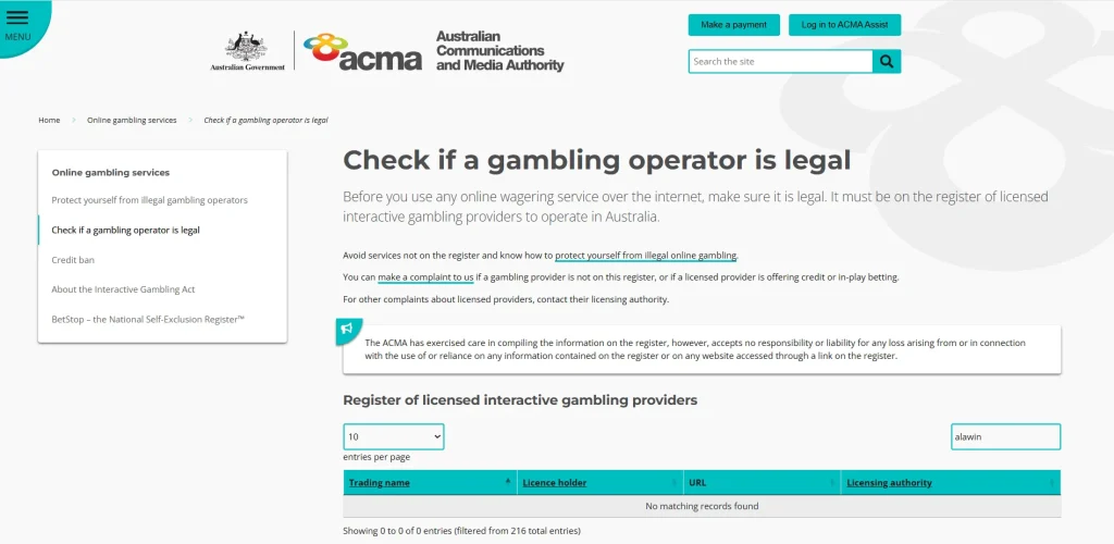 Current ACMA gambling operator legality page and licensed interactive wagering provider register context